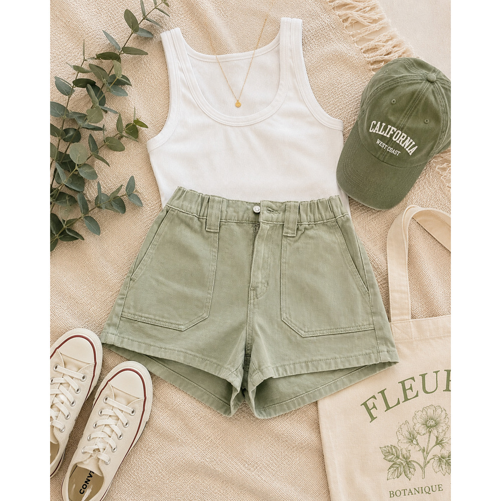 PacSun Utility Shorts Womens Small Sage Green Elastic Waist Denim Casual